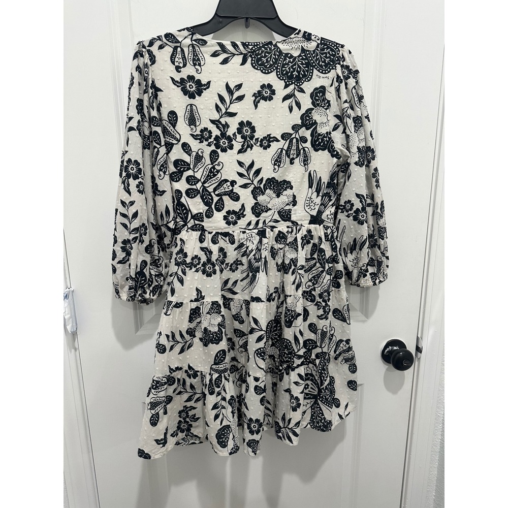 Farm Rio Anthropologie Black White Floral Bird Swiss Dot Wrap Mini Dress Small - Picture 6 of 7